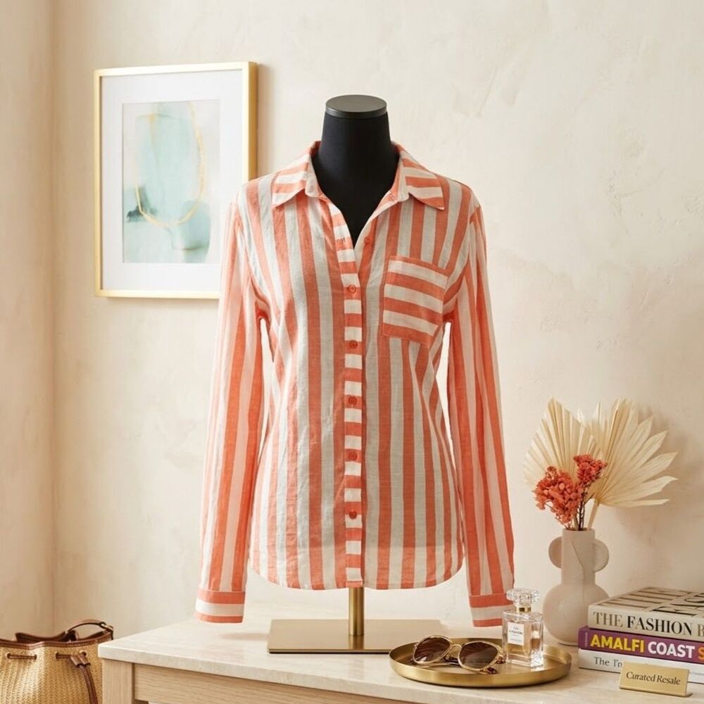 NY Collection Button-Up Blouse Coral White Stripe Size Large